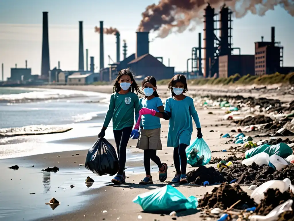 Niños con mascarillas y guantes recogen basura en playa contaminada, rodeados de fábricas humeantes