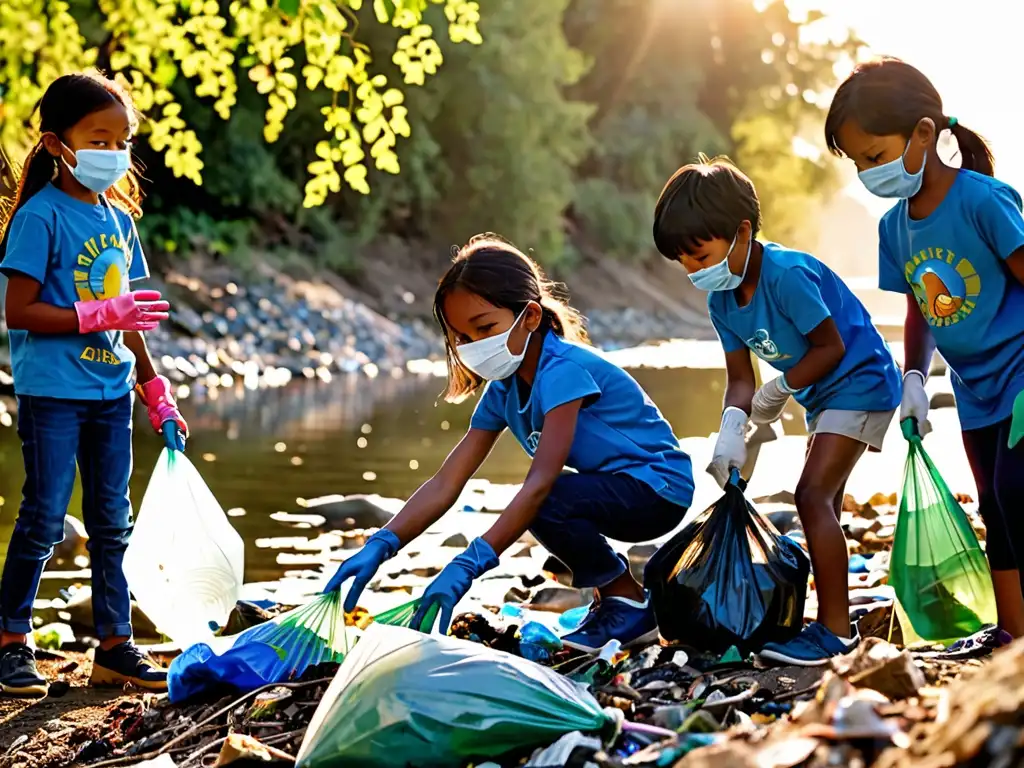 Niños con mascarillas y guantes limpian la rivera de un río