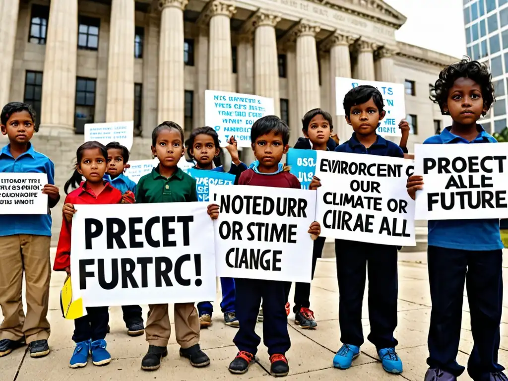 Niños con pancartas en protesta por el impacto del cambio climático en los derechos de los niños, frente a un juzgado