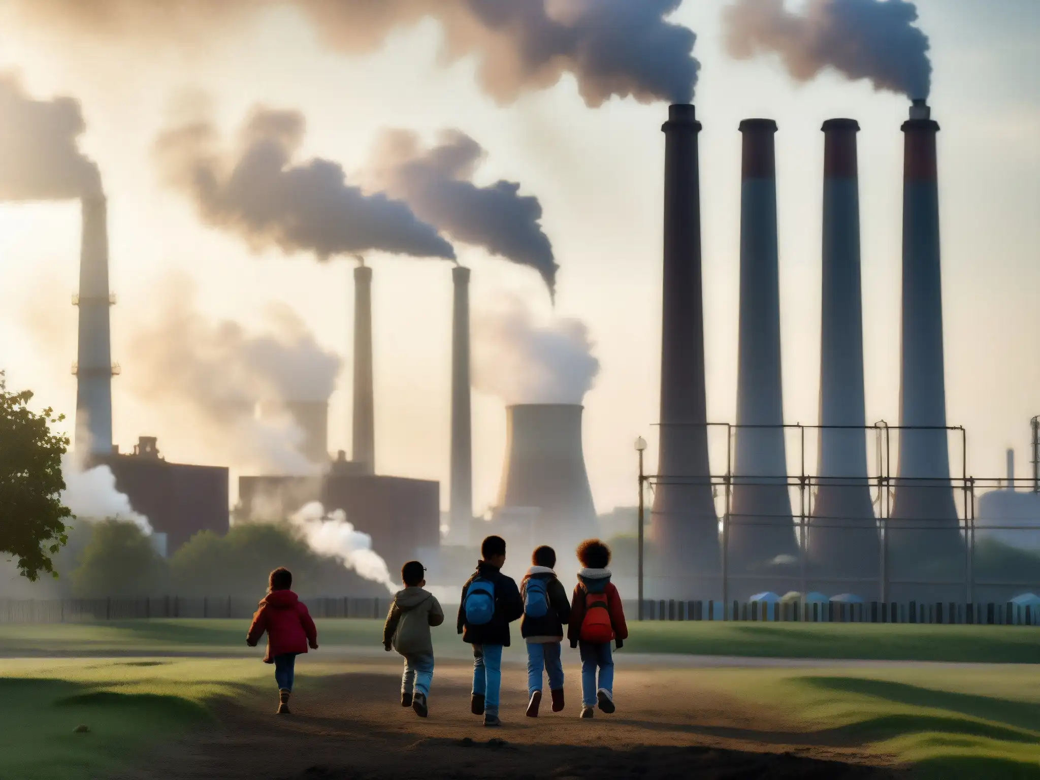 Niños jugando en el parque con humo de chimeneas al fondo, resaltando la responsabilidad legal de proteger la salud infantil