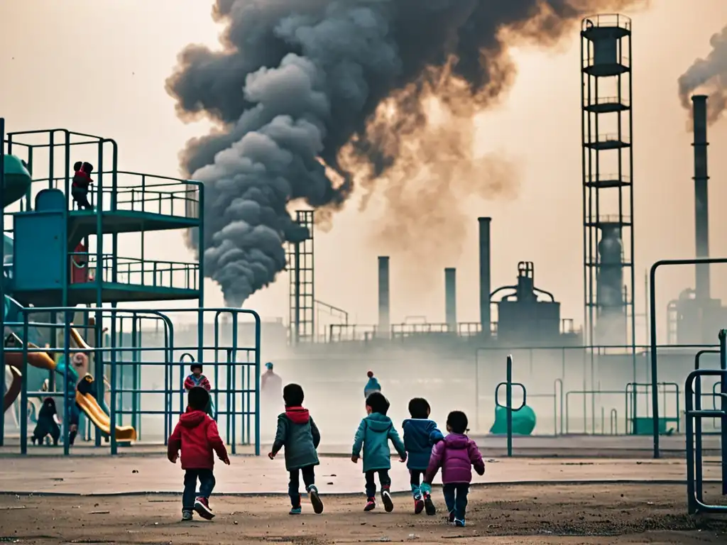 Niños jugando en un parque rodeado de fábricas contaminantes, reflejando el impacto en zonas de riesgo ambiental