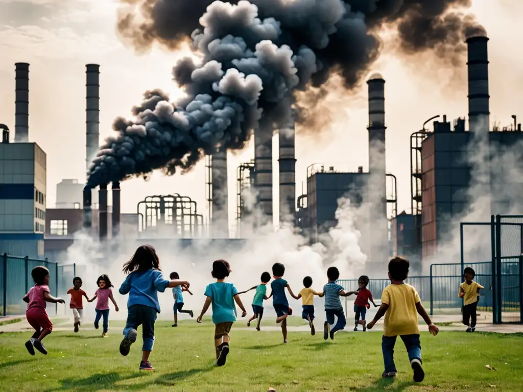 Niños jugando en parque rodeado de fábricas contaminantes