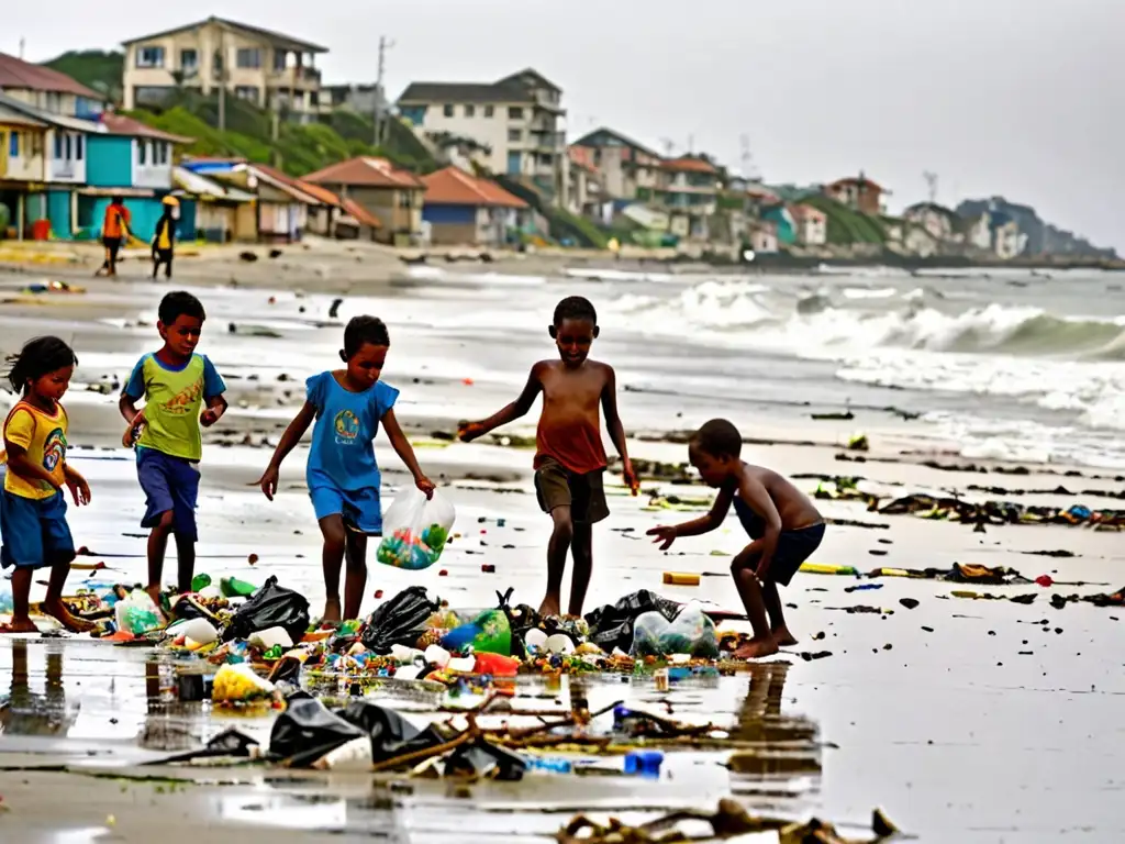 Niños juegan en playa contaminada por plástico, ignorando impacto cambio climático derechos niños