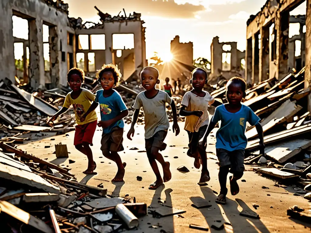 Niños jugando entre ruinas causadas por impacto zonas riesgo ambiental, mostrando determinación e inocencia ante desafíos ambientales