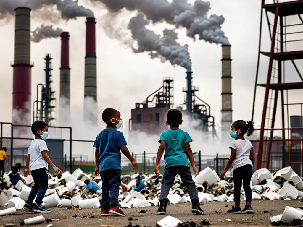 Niños jugando en zona de riesgo ambiental con adulto preocupado, impacto zonas riesgo ambiental