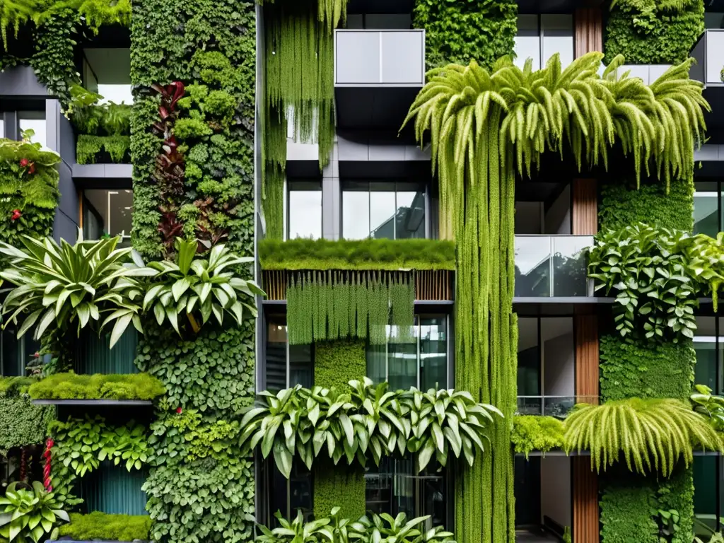 Normativas jardines verticales derecho ambiental: Edificio moderno con exuberante jardín vertical, simbiosis entre naturaleza y arquitectura