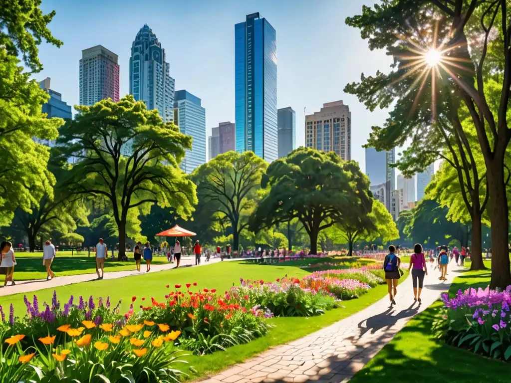 Un oasis natural en medio de la ciudad: un parque extenso, lleno de árboles verdes y flores vibrantes, donde la gente disfruta de paseos y picnics