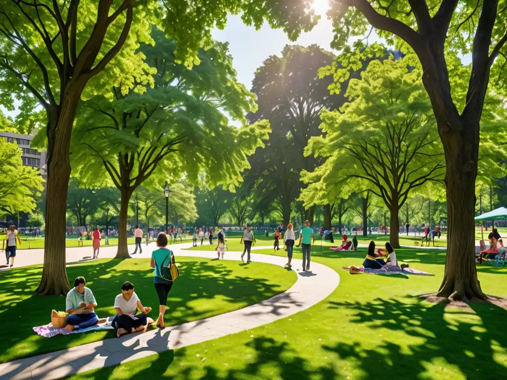 Un oasis de naturaleza en la ciudad con árboles frondosos, caminos sinuosos y personas disfrutando del parque