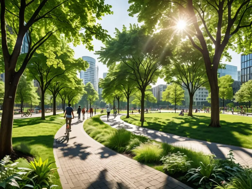 Un oasis urbano con árboles, senderos y gente disfrutando, destacando el rol de espacios verdes en la mitigación del cambio climático