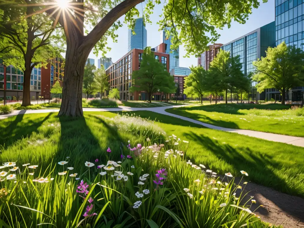 Un oasis urbano de exuberante vegetación contrasta con edificios modernos, destacando el impacto del fracking en zonas verdes urbanas