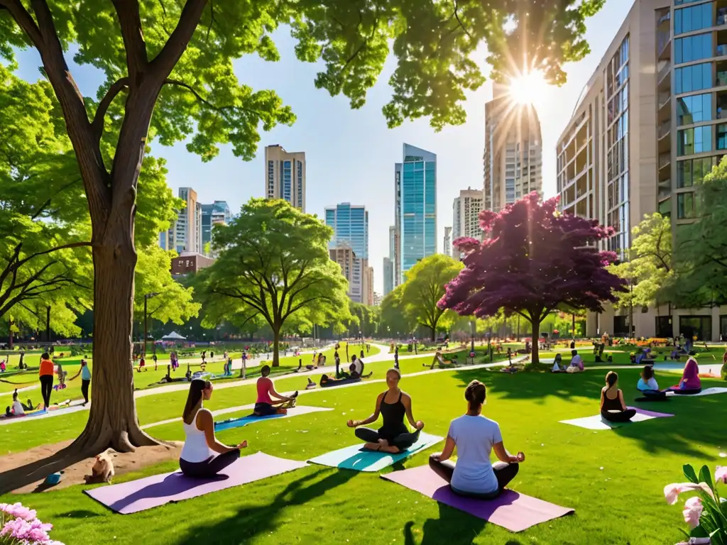 Un oasis urbano con flores vibrantes, árboles majestuosos y un ambiente de tranquilidad