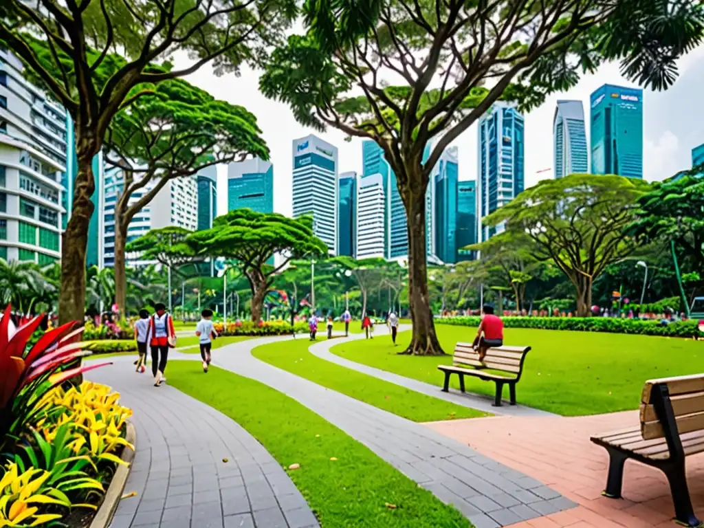 Un oasis verde en Singapur, con senderos bien cuidados entre jardines floridos y césped