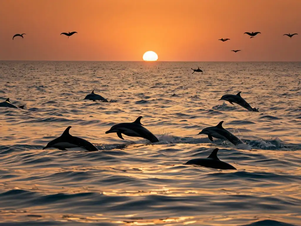 Un océano vasto y sereno con un pequeño bote a lo lejos, rodeado por delfines saltando