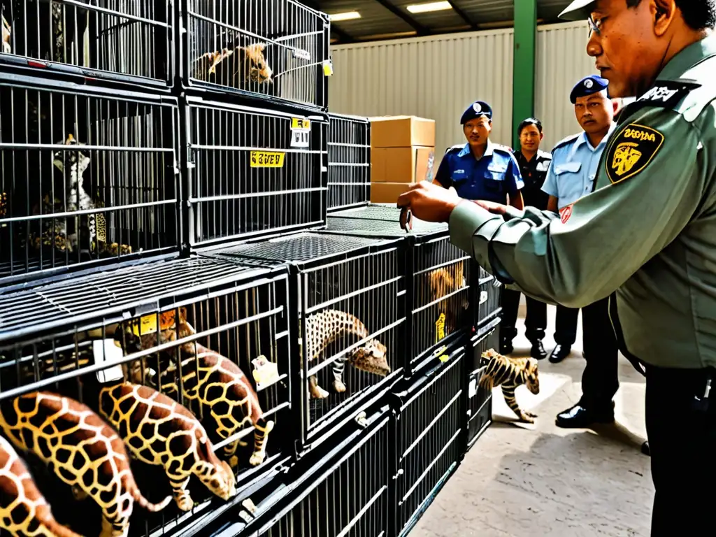 Un oficial de aduanas inspecciona minuciosamente una carga de animales exóticos en un puesto fronterizo, resaltando la importancia de la protección de especies exóticas vulnerables y el cumplimiento de regulaciones CITES