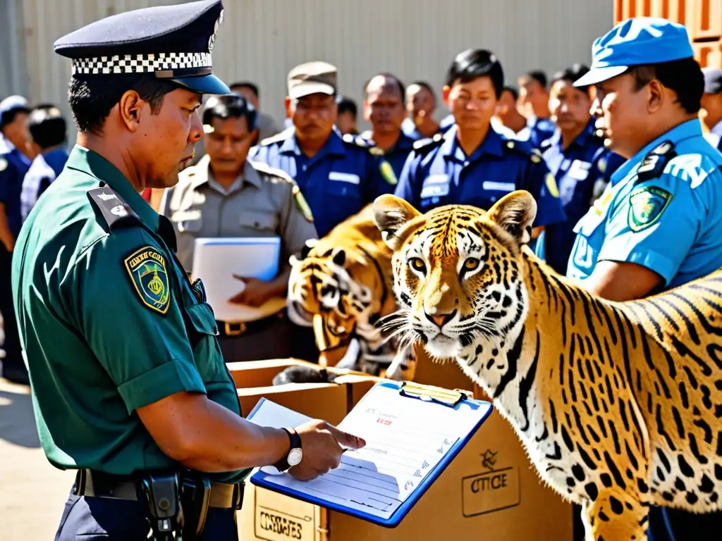 Oficial de aduanas inspecciona envío de animales exóticos en frontera