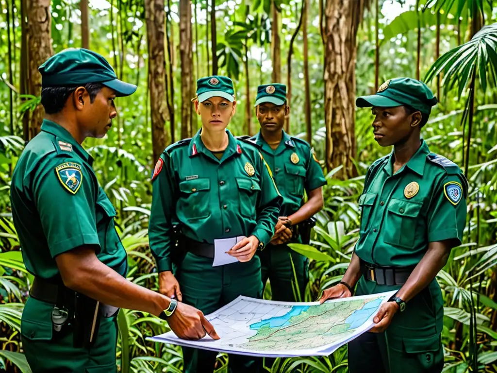 Oficiales de ley ambiental revisan estrategias y mapas en bosque biodiverso