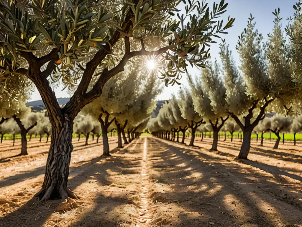 Un olivar español bañado por el sol, con árboles podados y certificaciones ambientales agricultura legislación