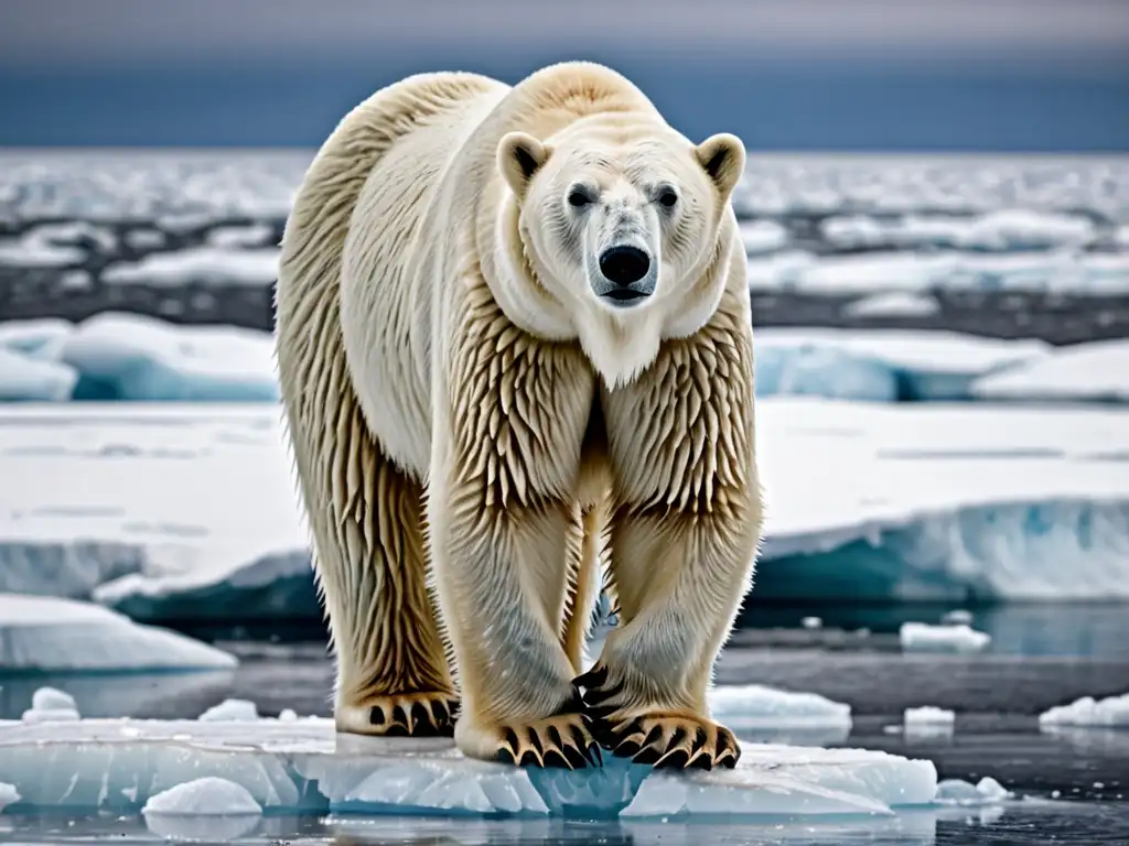 Un oso polar exhausto en un témpano de hielo derretido, reflejando la importancia del derecho internacional ambiental