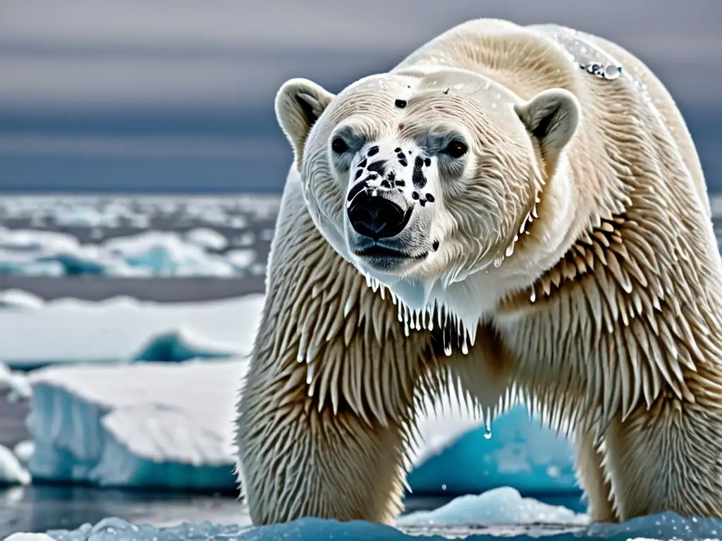 Un oso polar en un iceberg derritiéndose, reflejando la importancia del derecho internacional ambiental