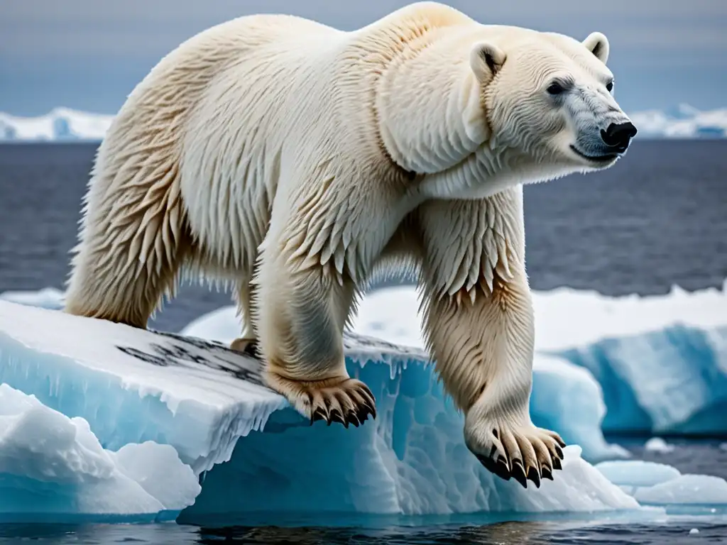 Un oso polar mojado y brillante en un iceberg derritiéndose, con mirada vulnerable