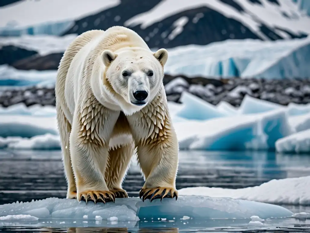 Un oso polar en un témpano de hielo derretido, con mirada triste