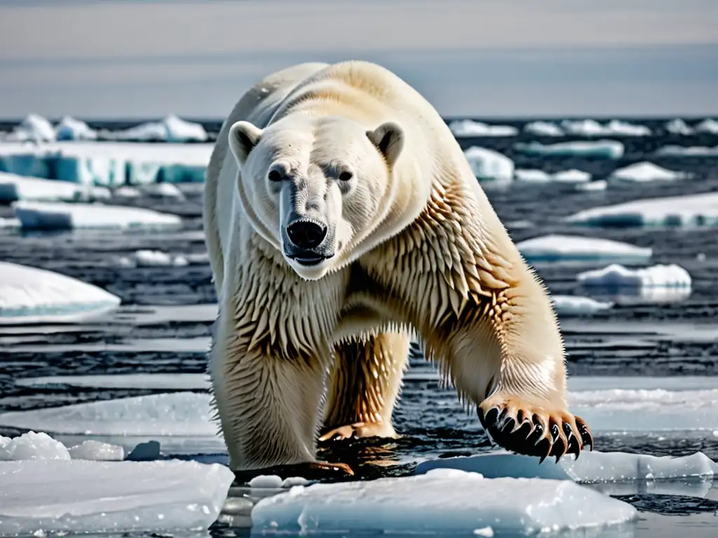 Un oso polar en un témpano de hielo derritiéndose, reflejando la dura realidad del cambio climático