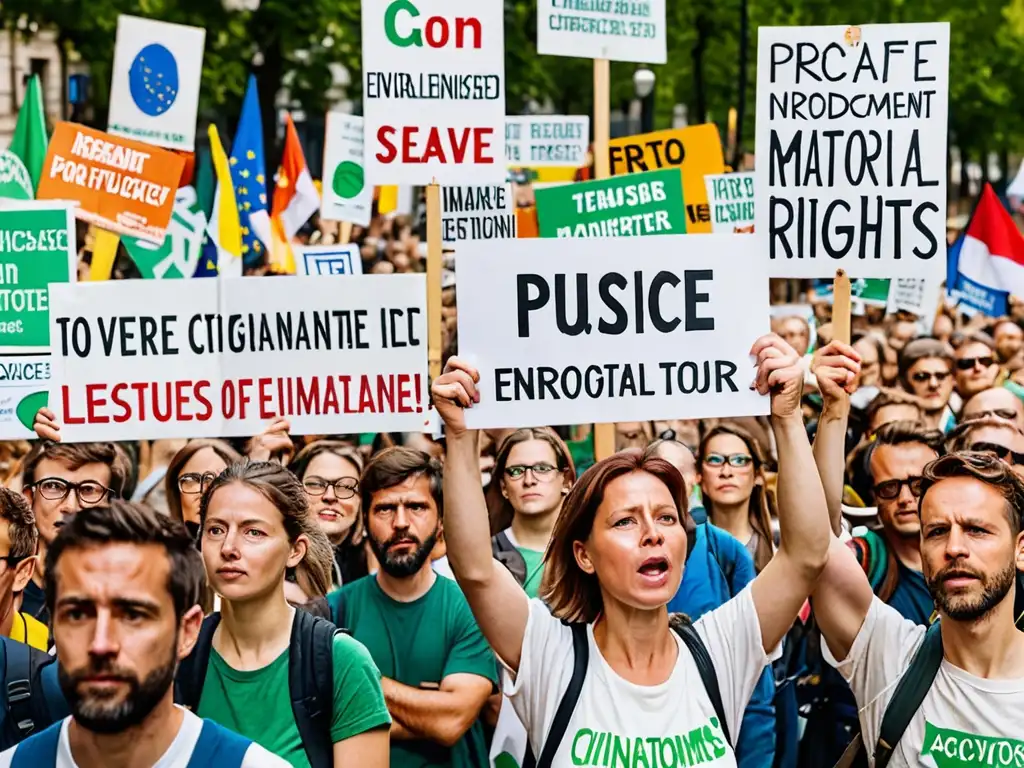 Manifestación pacífica en ciudad europea por la legislación ambiental europea y derechos ciudadanía, con diversidad y energía vibrante