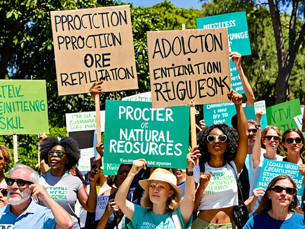 Manifestación pacífica por regulaciones internacionales impacto legislación ambiental, rodeada de naturaleza exuberante y cielo azul