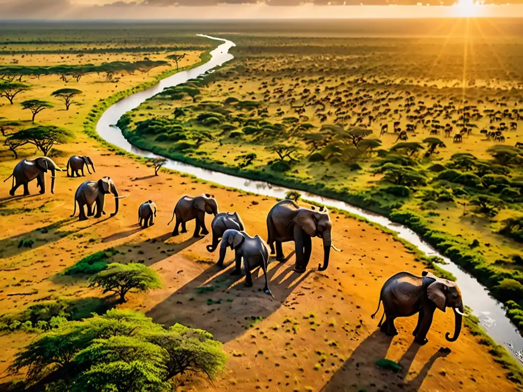 Un paisaje africano con ríos, vegetación exuberante y elefantes majestuosos al fondo