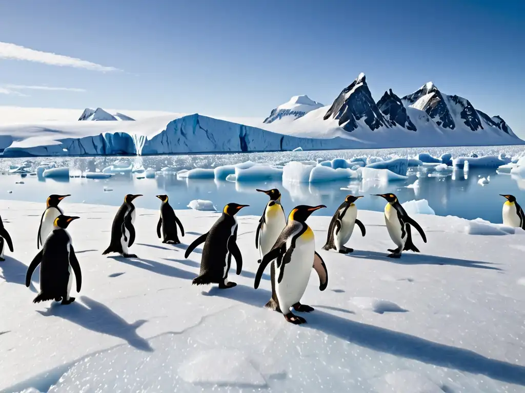 Un paisaje antártico impresionante con montañas nevadas, glaciares y pingüinos, resaltando la protección ambiental en el Tratado Antártico