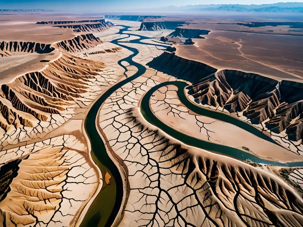 Un paisaje árido con río seco y montañas difuminadas, evidenciando el impacto global y regulaciones del agua potable