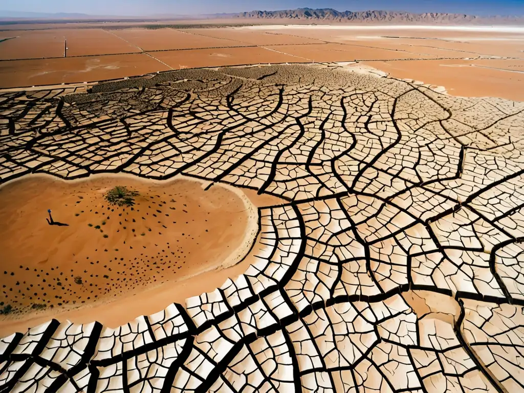 Un paisaje árido con tierra agrietada y casas de adobe