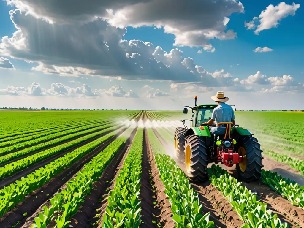 Un paisaje agrícola bañado por el sol con cultivos verdes vibrantes y maquinaria innovadora