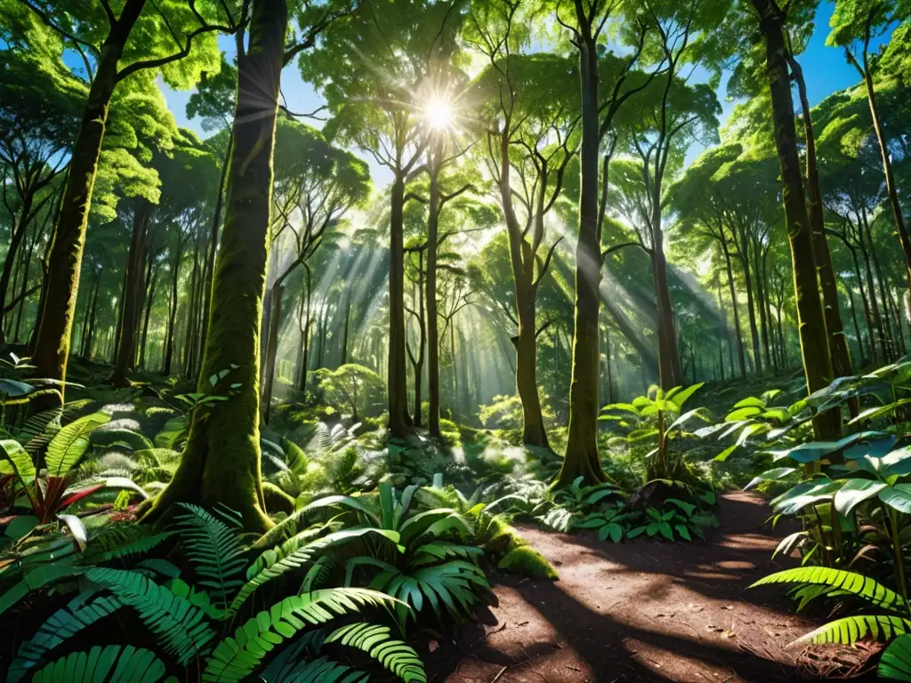 Un paisaje de bosque exuberante con diversidad de flora y fauna, transmitiendo armonía y equilibrio