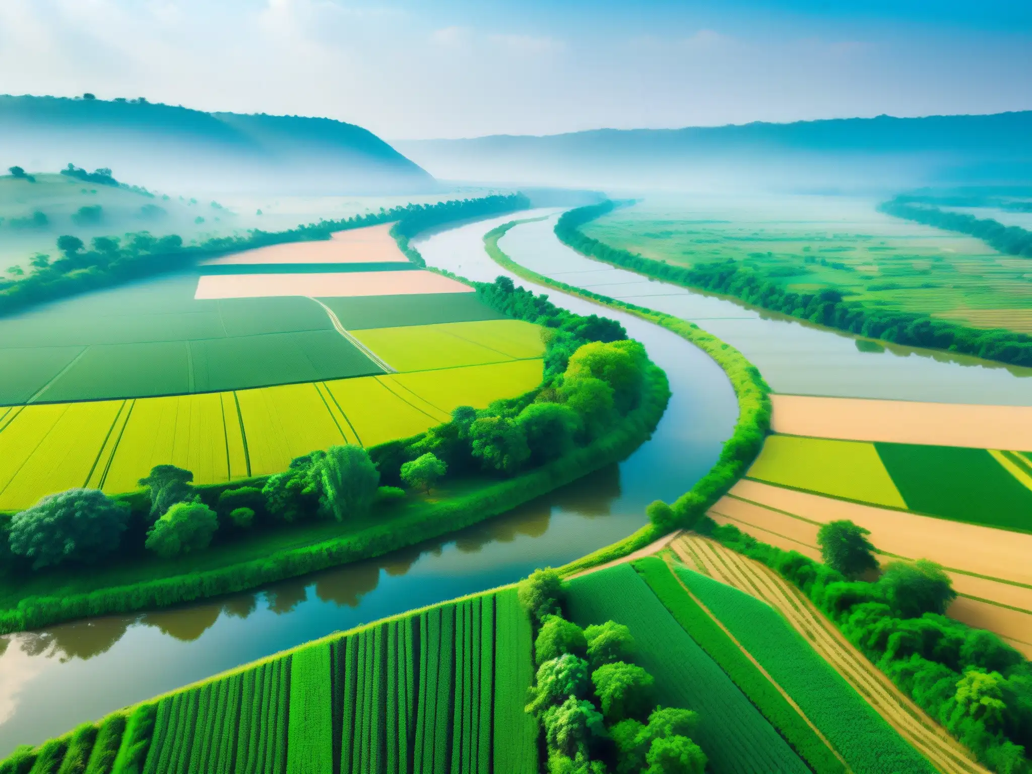 Un paisaje agrícola bullicioso con campos verdes exuberantes, un río serpenteante y una densa vegetación