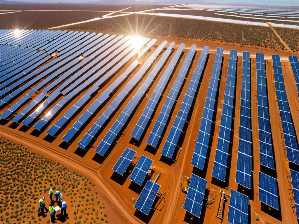 Un paisaje desértico con una granja solar y trabajadores inspeccionando paneles solares