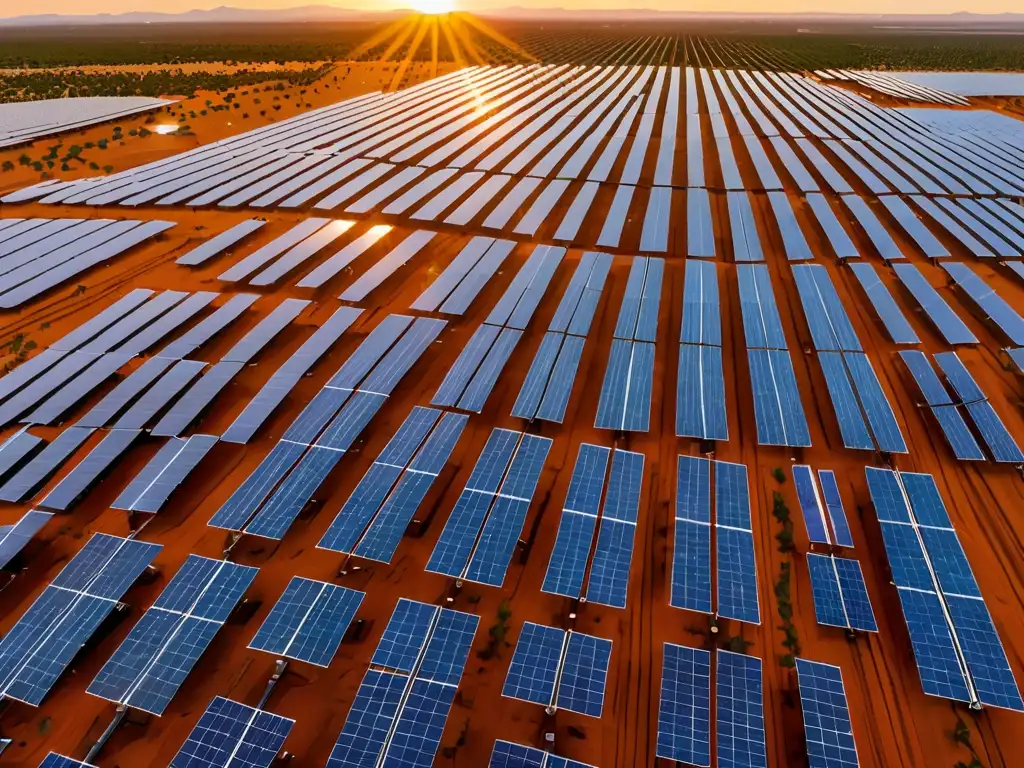 Un paisaje desértico con paneles solares en orden, bañados por la cálida luz del atardecer