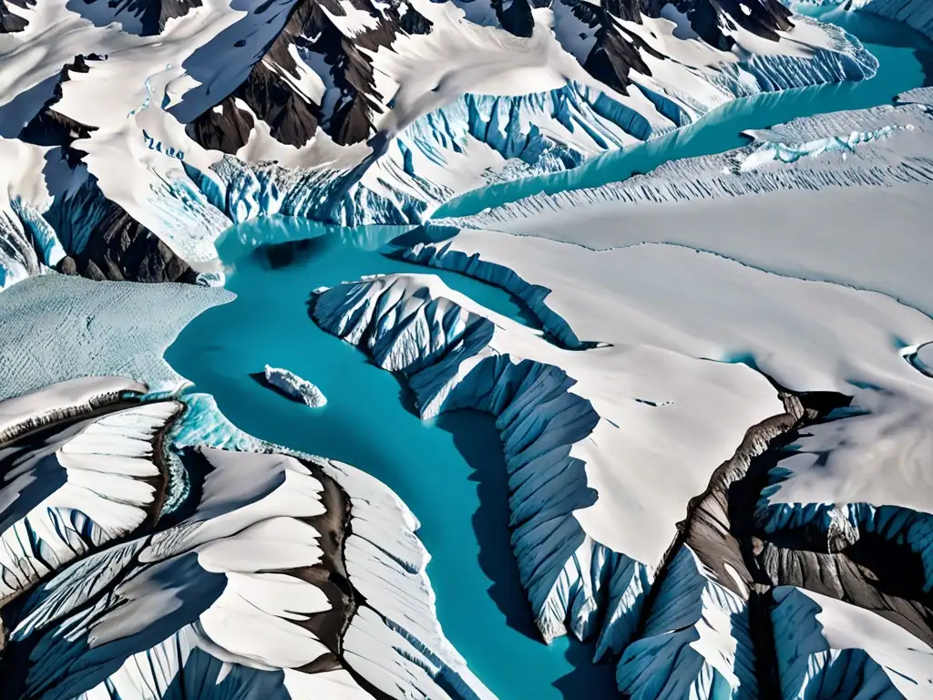 Un paisaje desgarrador de un glaciar derritiéndose, revelando aguas turquesa