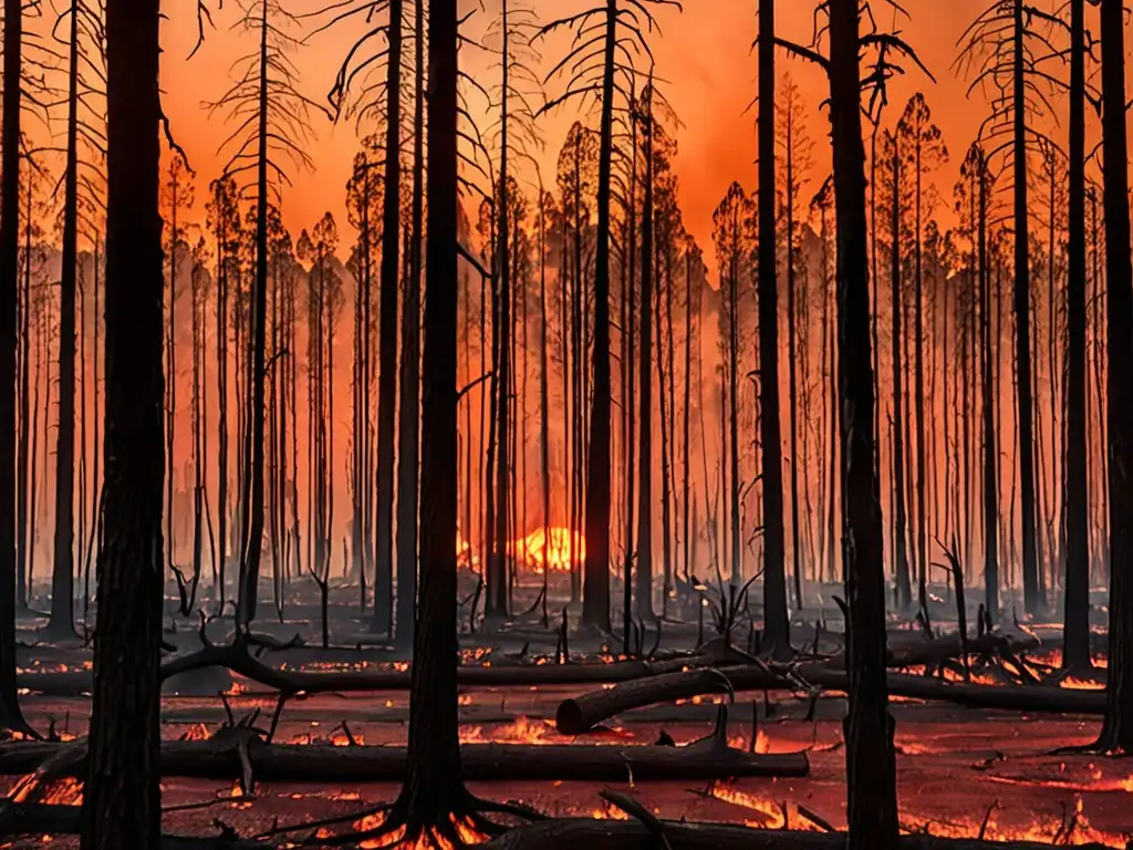 Un paisaje desolado y carbonizado con restos de árboles, al atardecer