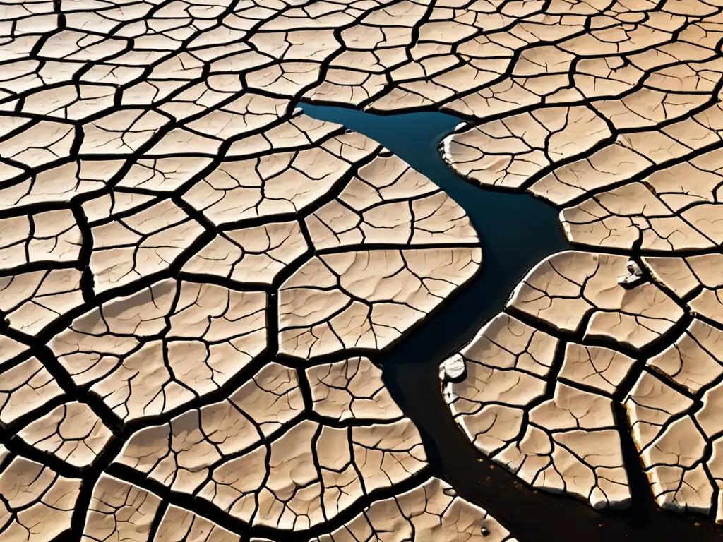 Un paisaje desolado de un lecho de río agrietado y reseco, con escasos charcos de agua