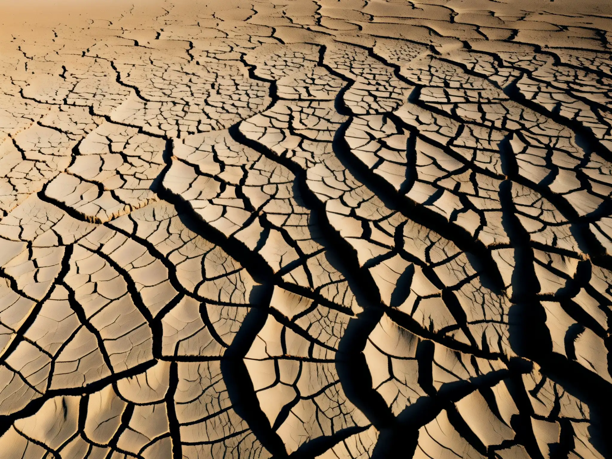 Un paisaje desolado de un lecho de río agrietado y reseco, sin agua, destaca la importancia de la Ley de Aguas