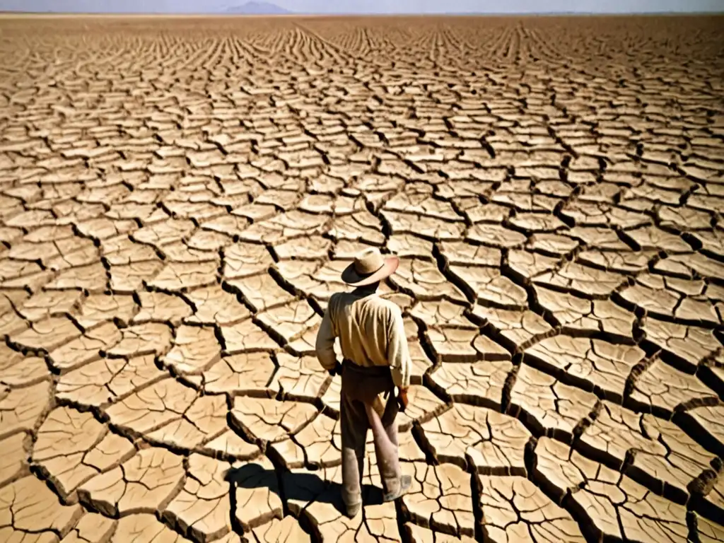 Un paisaje desolado se extiende bajo un sol implacable, con cultivos marchitos y campos polvorientos