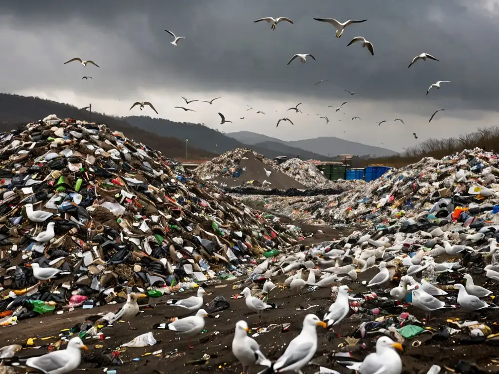 Un paisaje desolador de un vertedero con impacto de la ley de residuos sólidos, con montañas de desechos y aves carroñeras, bajo un cielo sombrío