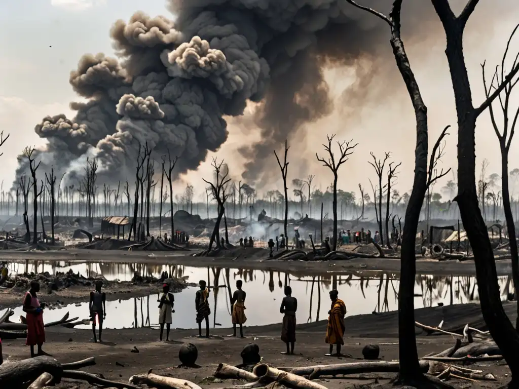 Un paisaje devastado por la guerra con desplazados observando la destrucción