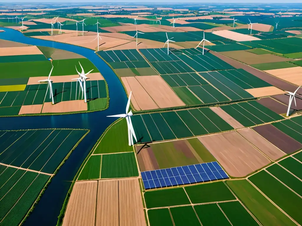 Un paisaje europeo impresionante con granjas de energía renovable, molinos de viento y paneles solares bajo un cielo azul