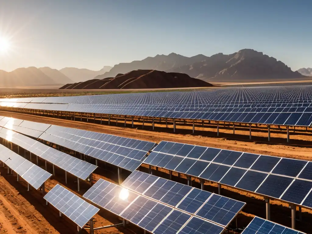 Un paisaje de un extenso parque solar en el desierto, con paneles relucientes bajo el sol