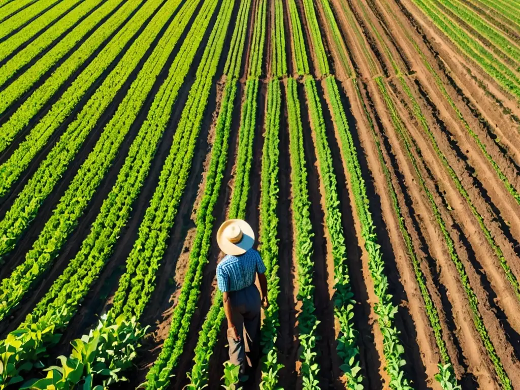 Un paisaje agrícola exuberante donde un agricultor atiende sus cultivos bajo un cielo azul