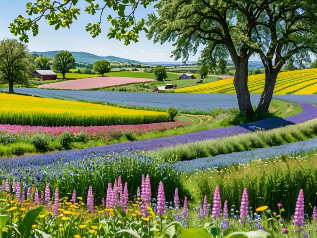 Un paisaje exuberante de agricultura regenerativa muestra cultivos diversos entre flores silvestres