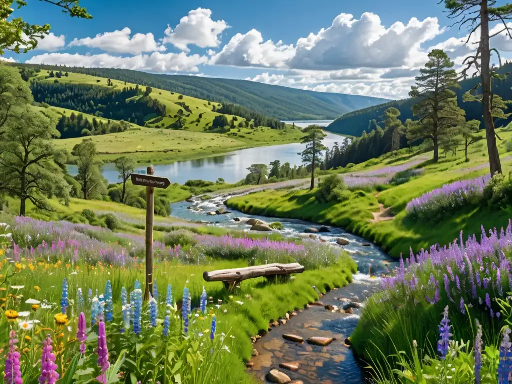 Un paisaje exuberante y biodiverso con colinas onduladas, flores silvestres y un río cristalino