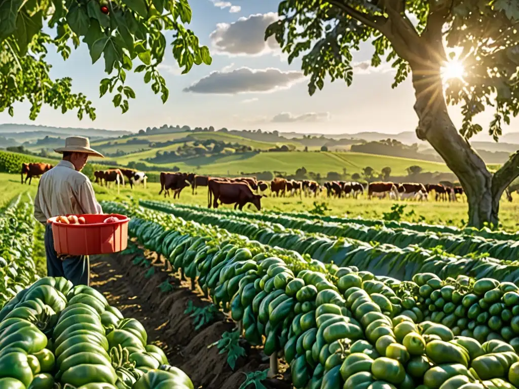 Un paisaje agrícola exuberante con campos y colinas, un agricultor cuida tomates mientras vacas pastan